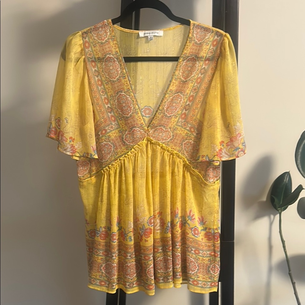 69.  Rose & Olive Gold Blouse with Flutter Sleeves and Ruffled Tie Front
